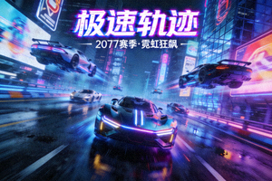 《极速轨迹》赛事专题封面 - 多辆悬浮赛车在霓虹都市赛道竞速